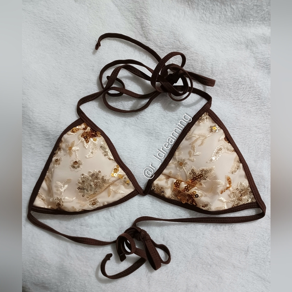 Cream & Brown Embellished Sequin Triangle Bikini Top Size XS